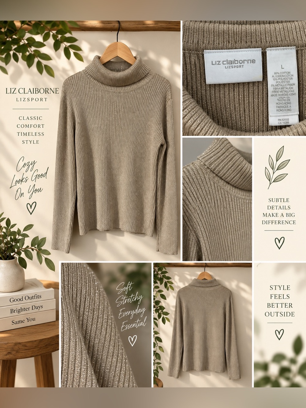 Liz Claiborne Lizsport Metallic Ribbed Turtleneck Sweater Size L